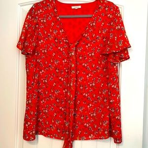 Pleione floral flutter sleeve top with neck tie